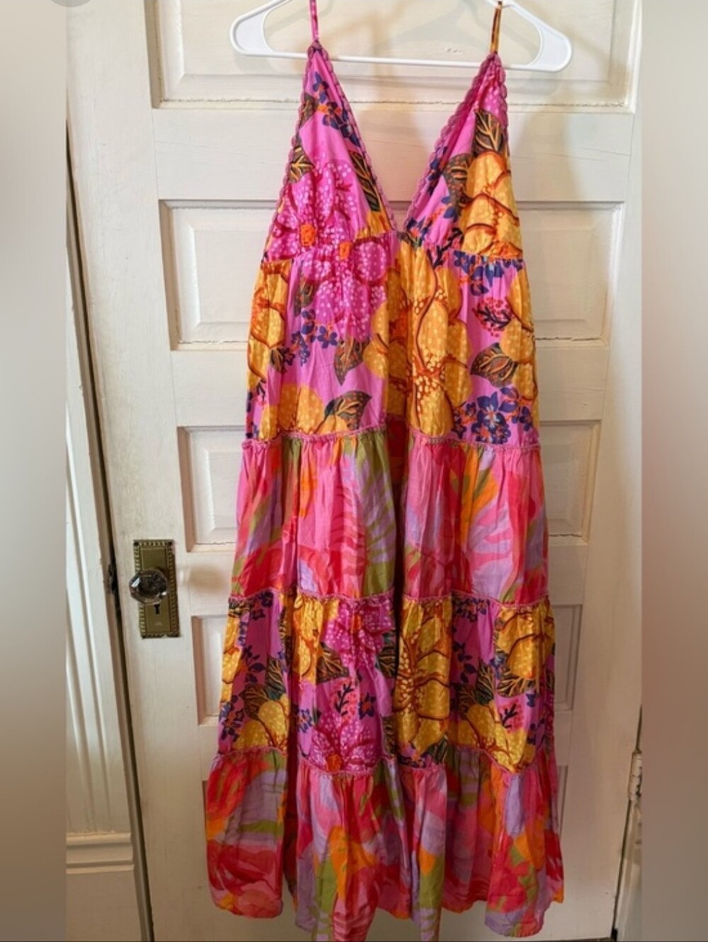 Farm Rio Gorgeous Tropical Pink & Yellow Tiered Maxi Sundress Large - Picture 1 of 8